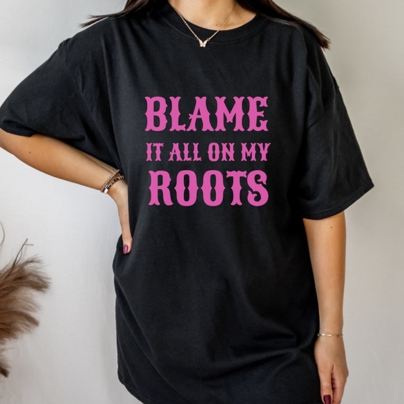 Blame It All On My Roots Country Music Crew Neck Short Sleeve Tee Shirt - Picture 1 of 5